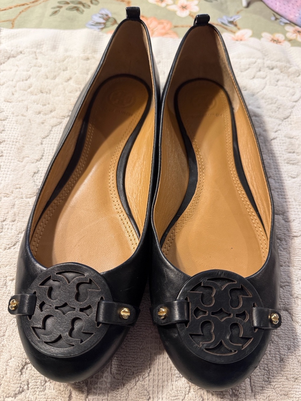 Tory Burch Gabrielle Black Leather Logo Ballet Flats Size 8.5